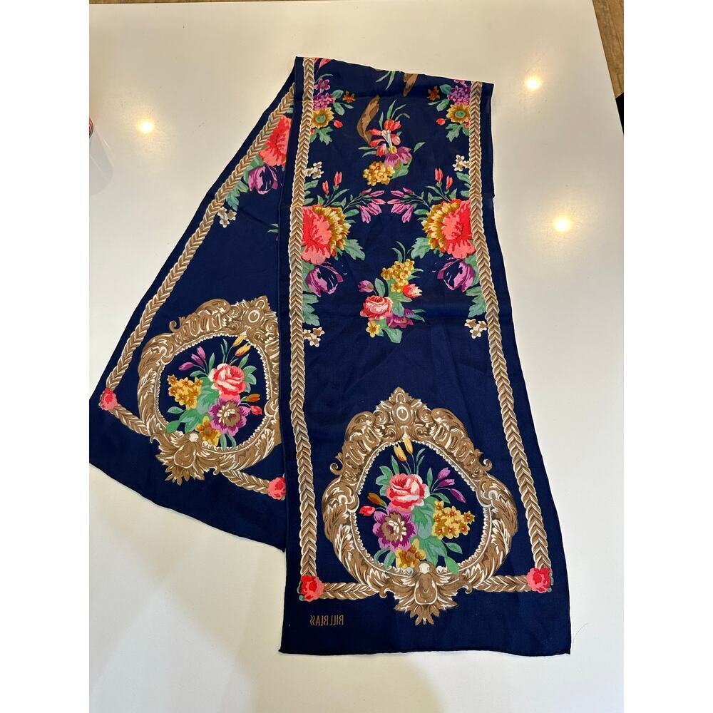 Vintage Bill Blass 70s Boho Navy Gold Frame Design Chic Floral Print Scarf